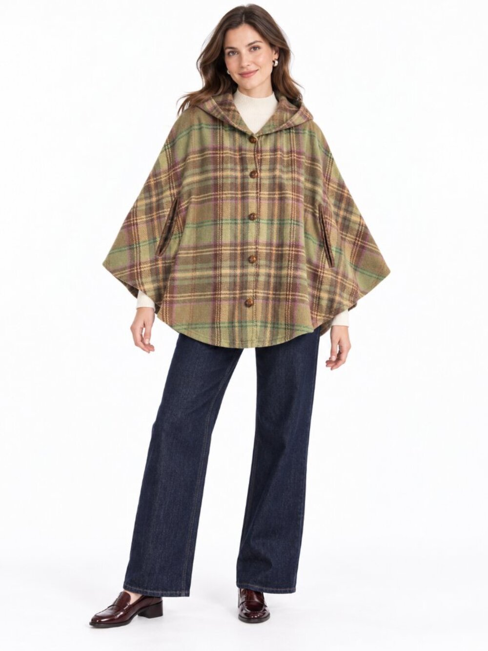 Lauren Ralph Lauren Hooded Plaid Wool Blend Poncho Cape One Size